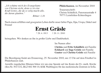 Traueranzeige von Ernst Gräsle von Kreiszeitung Waiblingen