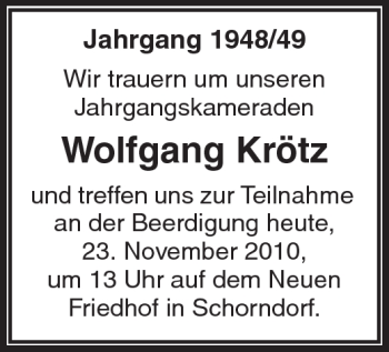 Traueranzeige von Wolfgang Krötz von Kreiszeitung Waiblingen