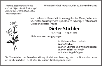 Traueranzeige von Dieter Stichler von Kreiszeitung Waiblingen