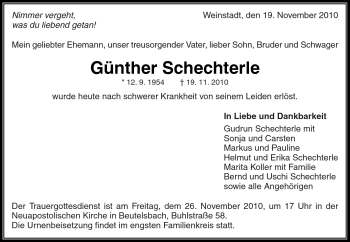 Traueranzeige von Günther Schechterle von Kreiszeitung Waiblingen