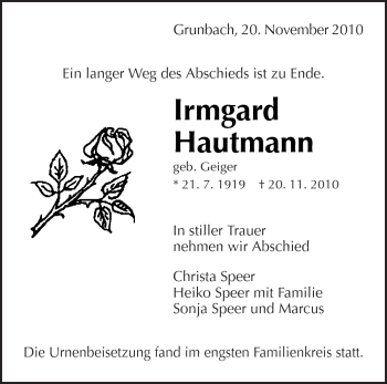 Traueranzeige von Irmgard Hautmann von Kreiszeitung Waiblingen