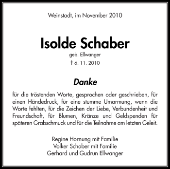 Traueranzeige von Isolde Schaber von Kreiszeitung Waiblingen