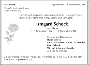 Traueranzeige von Irmgard Schock von Kreiszeitung Waiblingen