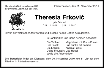 Traueranzeige von Theresia Frkovic von Kreiszeitung Waiblingen