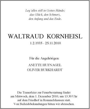 Traueranzeige von Waltraud Kornheisl von Kreiszeitung Waiblingen