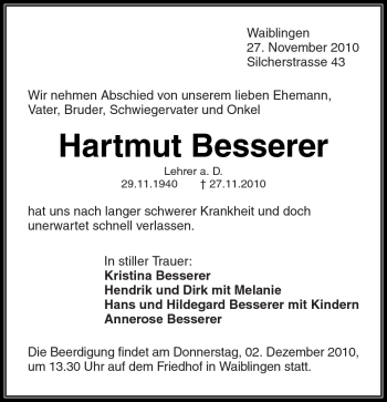 Traueranzeige von Hartmut Besserer von Kreiszeitung Waiblingen