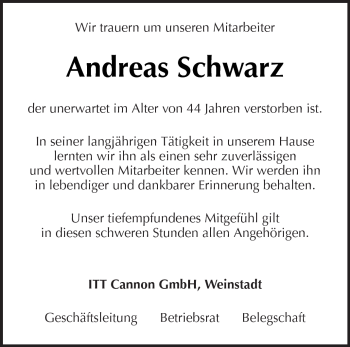 Traueranzeige von Andreas Schwarz von Kreiszeitung Waiblingen