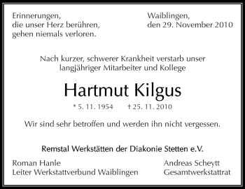 Traueranzeige von Hartmut Kilgus von Kreiszeitung Waiblingen