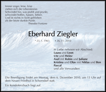 Traueranzeige von Eberhard Ziegler von Kreiszeitung Waiblingen