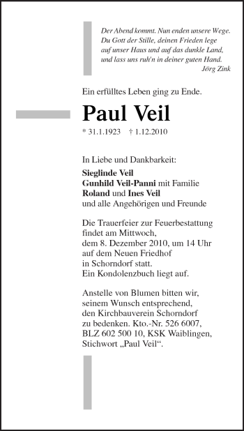 Traueranzeige von Paul Veil von Kreiszeitung Waiblingen