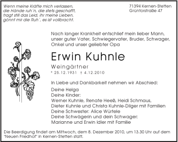 Traueranzeige von Erwin Kuhnle von Kreiszeitung Waiblingen