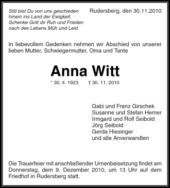 Traueranzeige von Anna Witt von Kreiszeitung Waiblingen