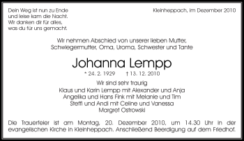 Traueranzeige von Johanna Lempp von Kreiszeitung Waiblingen