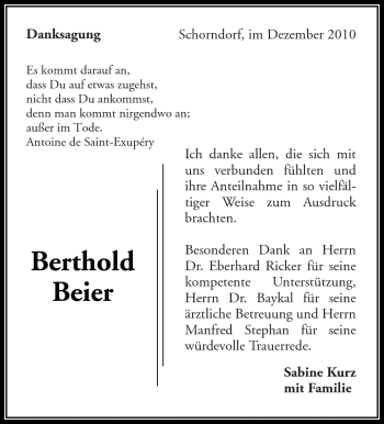 Traueranzeige von Berthold Beier von Kreiszeitung Waiblingen