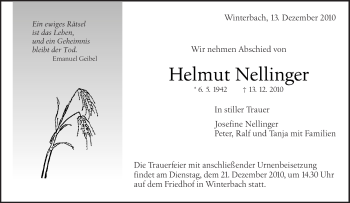 Traueranzeige von Helmut Nellinger von Kreiszeitung Waiblingen