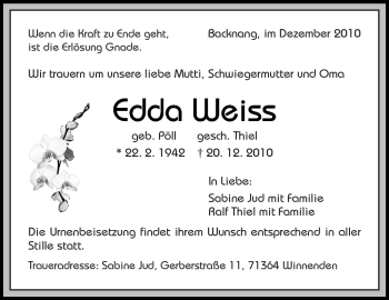 Traueranzeige von Edda Weiss von Kreiszeitung Waiblingen