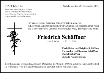 Traueranzeige von Friedrich Schäffner von Kreiszeitung Waiblingen
