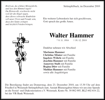 Traueranzeige von Walter Hammel von Kreiszeitung Waiblingen