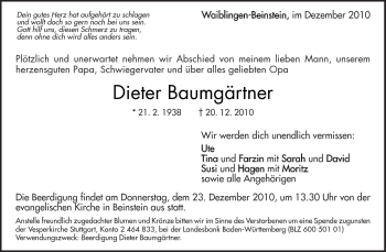 Traueranzeige von Dieter Baumgärtner von Kreiszeitung Waiblingen