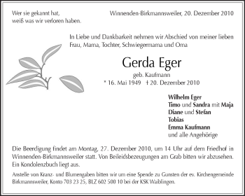 Traueranzeige von Gerda Eger von Kreiszeitung Waiblingen