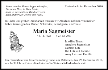 Traueranzeige von Maria Sagmeister von Kreiszeitung Waiblingen