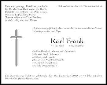 Traueranzeige von Karl Frank von Kreiszeitung Waiblingen