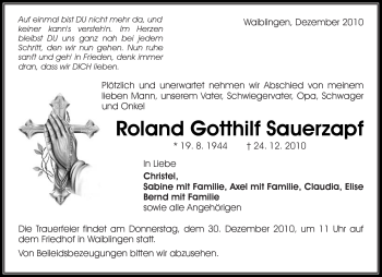 Traueranzeige von Roland Gotthilf Sauerzapf von Kreiszeitung Waiblingen
