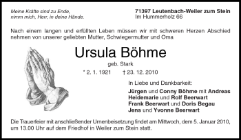 Traueranzeige von Ursula Böhme von Kreiszeitung Waiblingen