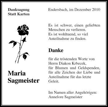 Traueranzeige von Maria Sagmeister von Kreiszeitung Waiblingen