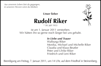 Traueranzeige von Rudolf Riker von Kreiszeitung Waiblingen