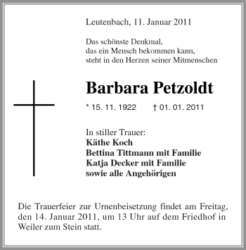 Traueranzeige von Barbara Petzoldt von Kreiszeitung Waiblingen
