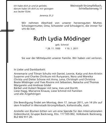 Traueranzeige von Ruth Lydia Mödinger von Kreiszeitung Waiblingen