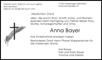 Traueranzeige von Anna Bayer von Kreiszeitung Waiblingen