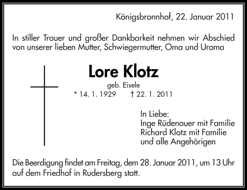  Traueranzeige für Lore Klotz vom 26.01.2011 aus Kreiszeitung Waiblingen