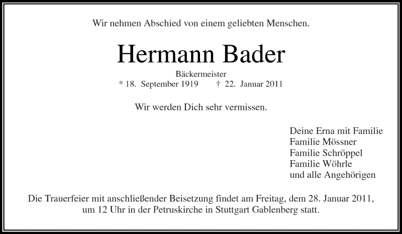 Traueranzeige für Hermann Bader vom 26.01.2011 aus Kreiszeitung Waiblingen