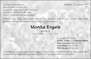 Traueranzeige von Monika Engels von Kreiszeitung Waiblingen