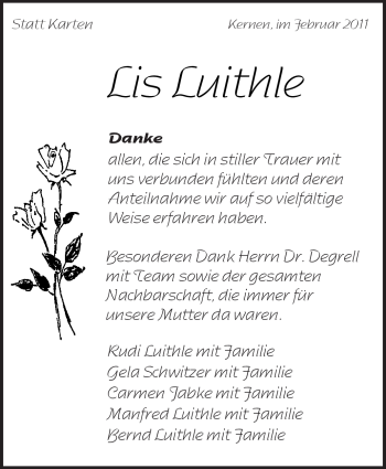 Traueranzeige von Lis Luithle von Kreiszeitung Waiblingen