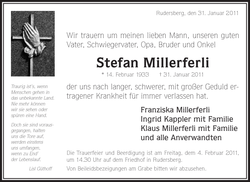  Traueranzeige für Stefan Millerferli vom 02.02.2011 aus Kreiszeitung Waiblingen