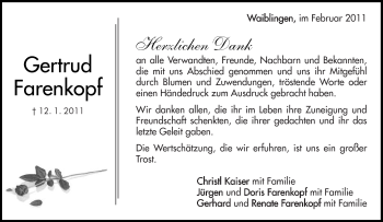 Traueranzeige von Gertrud Farenkopf von Kreiszeitung Waiblingen
