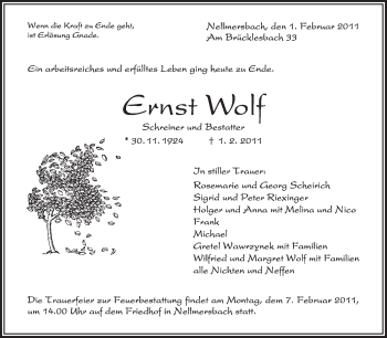 Traueranzeige von Ernst Wolf von Kreiszeitung Waiblingen
