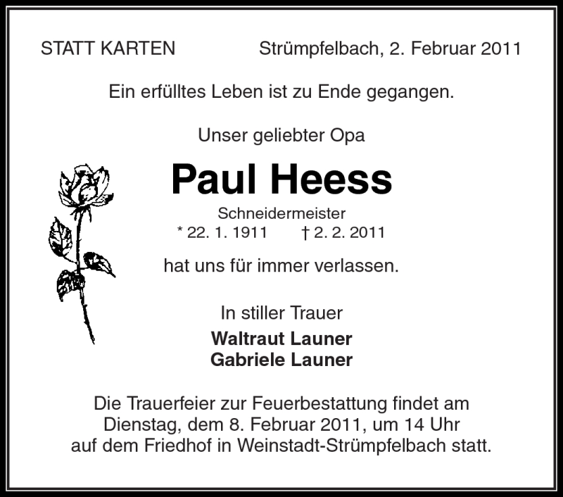  Traueranzeige für Paul Heess vom 04.02.2011 aus Kreiszeitung Waiblingen