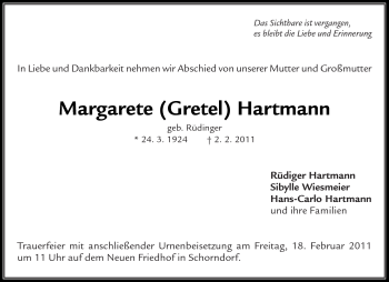 Traueranzeige von Margarete Hartmann von Kreiszeitung Waiblingen