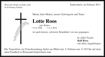 Traueranzeige von Lotte Roos von Kreiszeitung Waiblingen