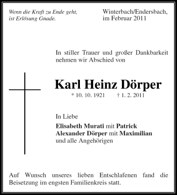 Traueranzeige von Karl Heinz Dörper von Kreiszeitung Waiblingen