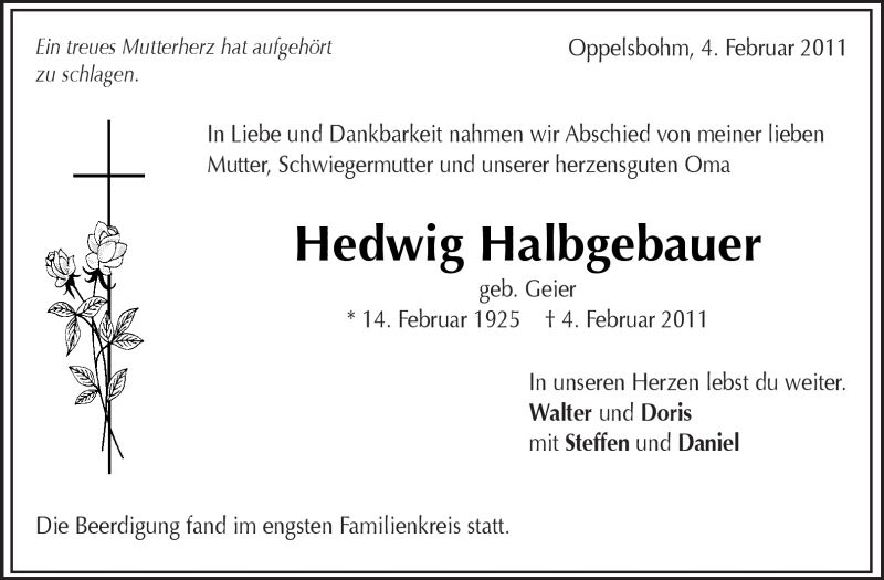  Traueranzeige für Hedwig Halbgebauer vom 11.02.2011 aus Kreiszeitung Waiblingen