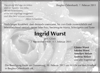 Traueranzeige von Îngrid Wurst von Kreiszeitung Waiblingen