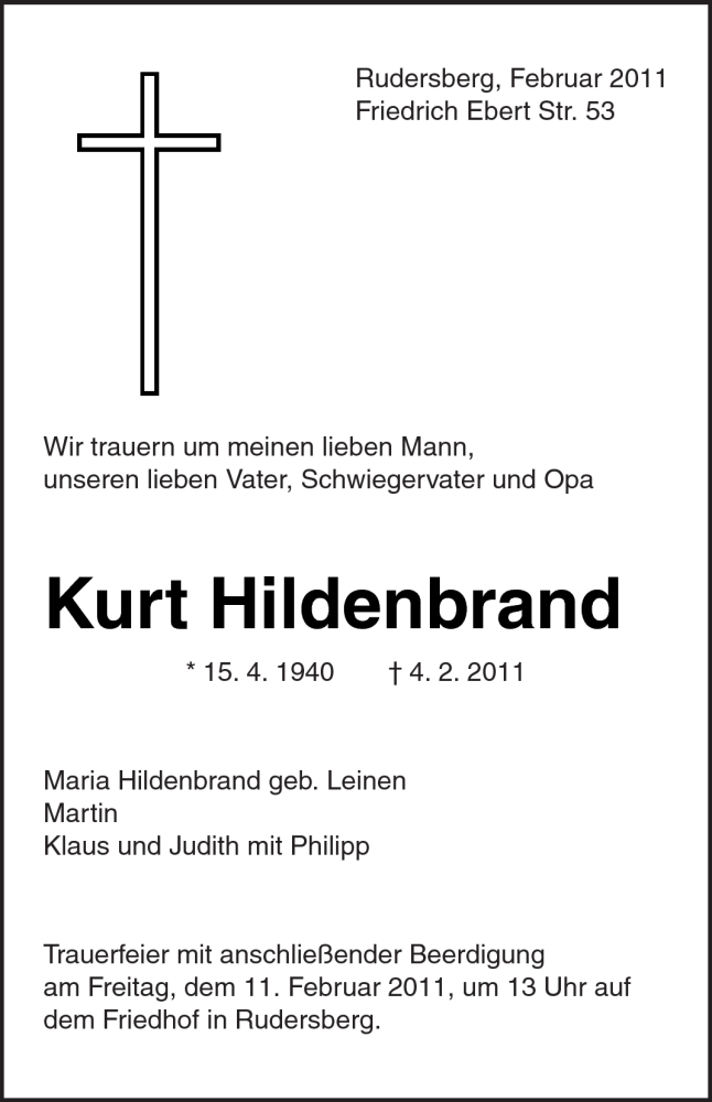  Traueranzeige für Kurt Hildenbrand vom 09.02.2011 aus Kreiszeitung Waiblingen