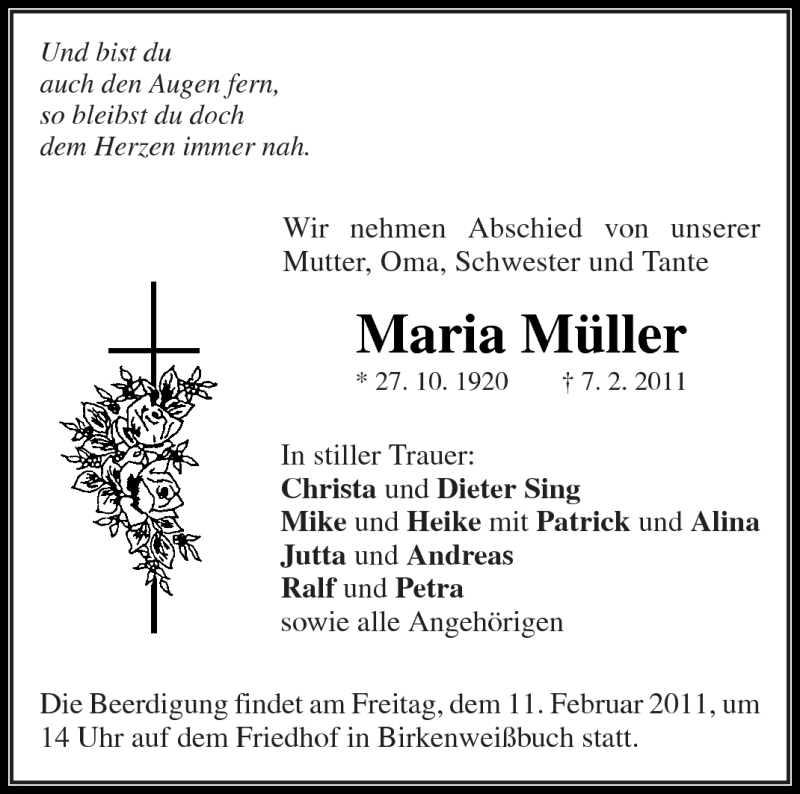  Traueranzeige für Maria Müller vom 09.02.2011 aus Kreiszeitung Waiblingen