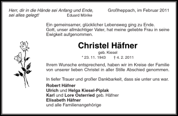 Traueranzeige von Christel Häfner von Kreiszeitung Waiblingen