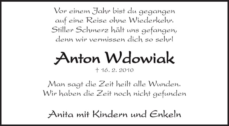  Traueranzeige für Anton Wdowiak vom 16.02.2011 aus Kreiszeitung Waiblingen